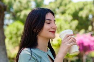 women drinking latte