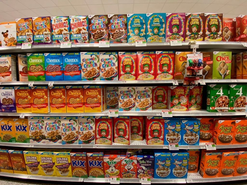 Cereal boxes in a store.