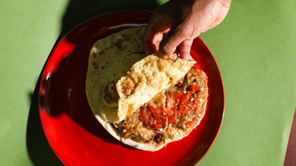 Riaz Phillips’ Sada Roti, Tomato Choka, and Murtani