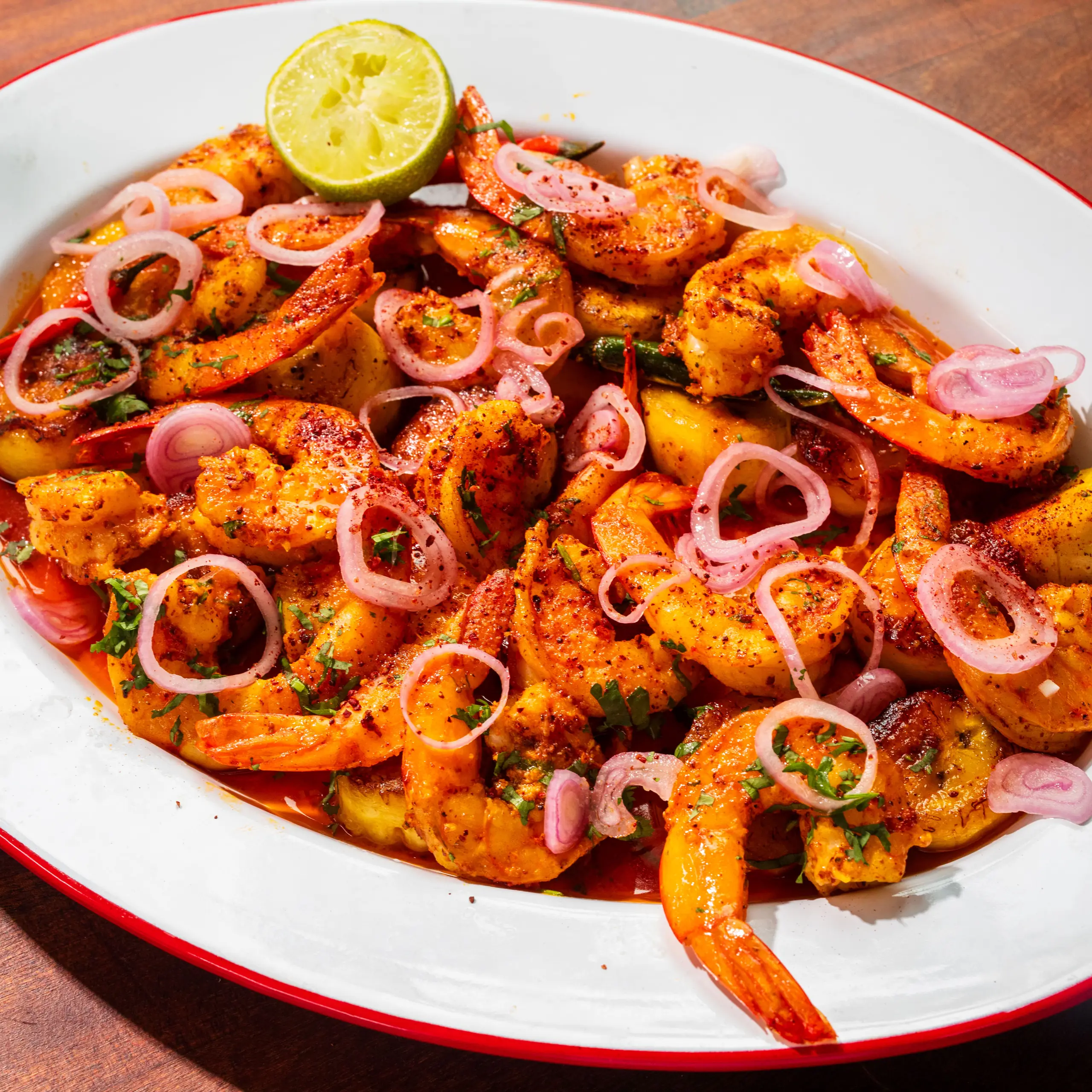 Ixta Belfrage's Tropical Prawns with Plantain & Pickled Shallots