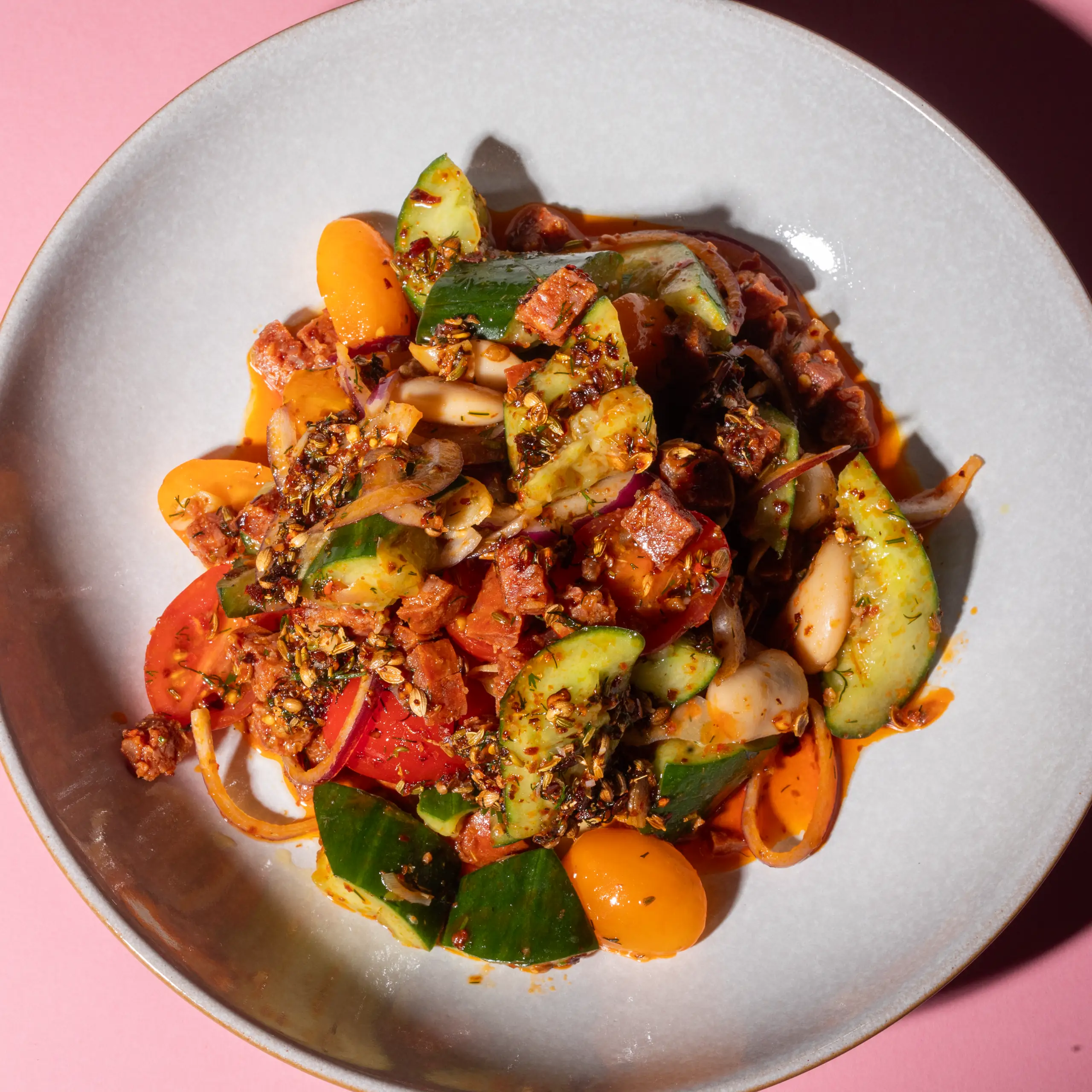 Mediterranean Smashed Cucumber and Chorizo Salad 
