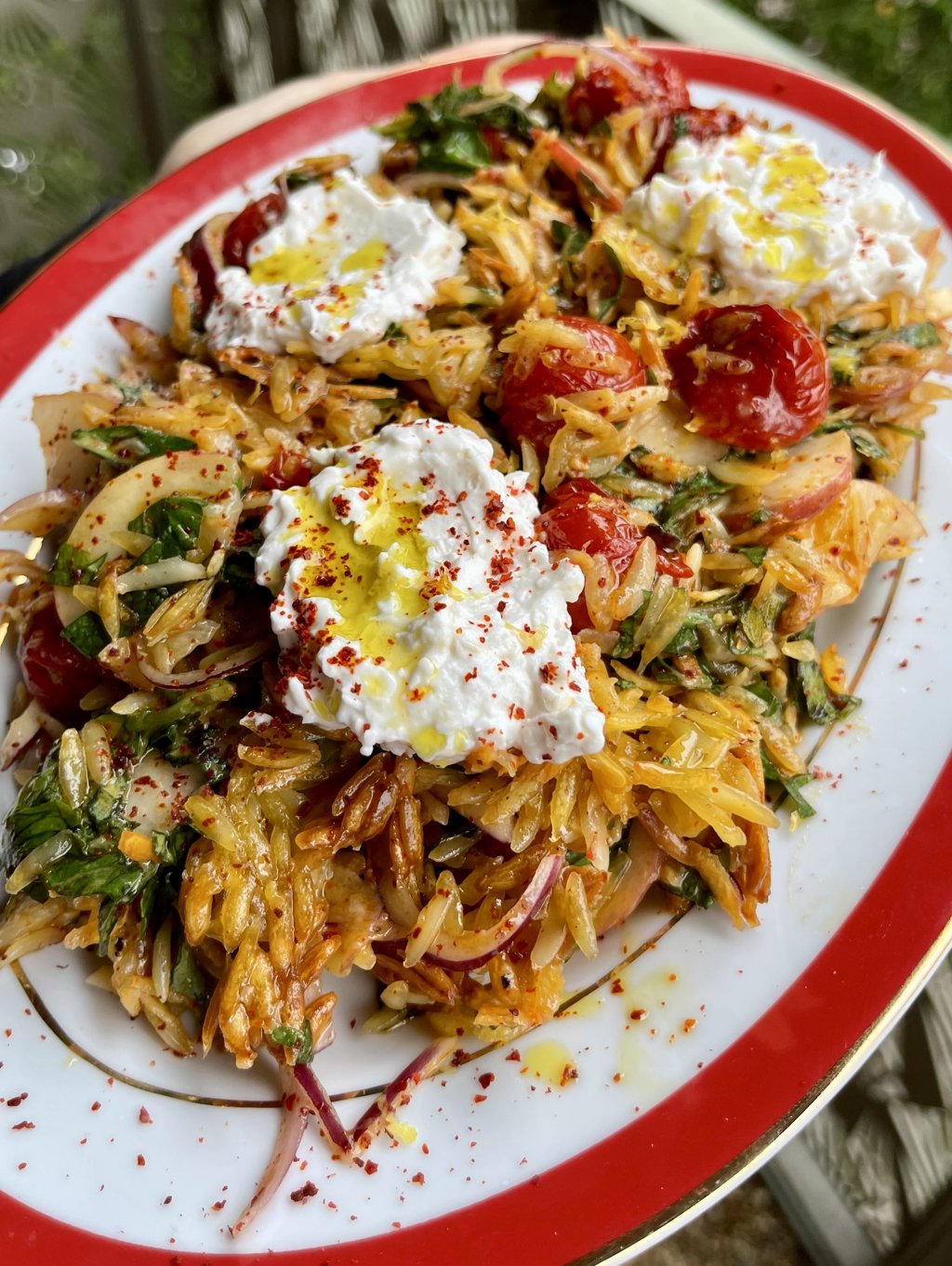 Crispy Orzo, Tomato and Peach Salad