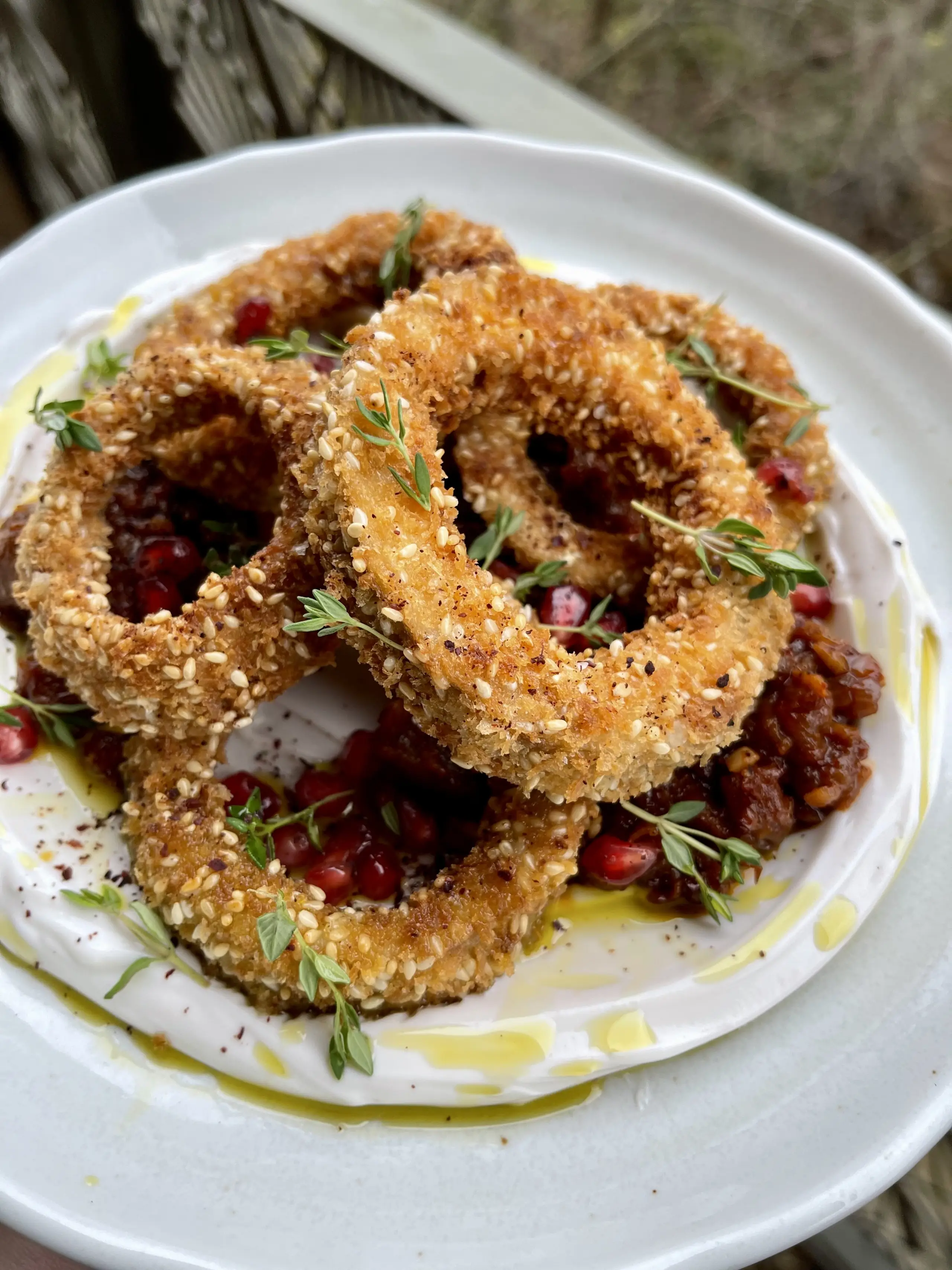 Golden Aubergine Rings with a Harissa Aubergine Jam 