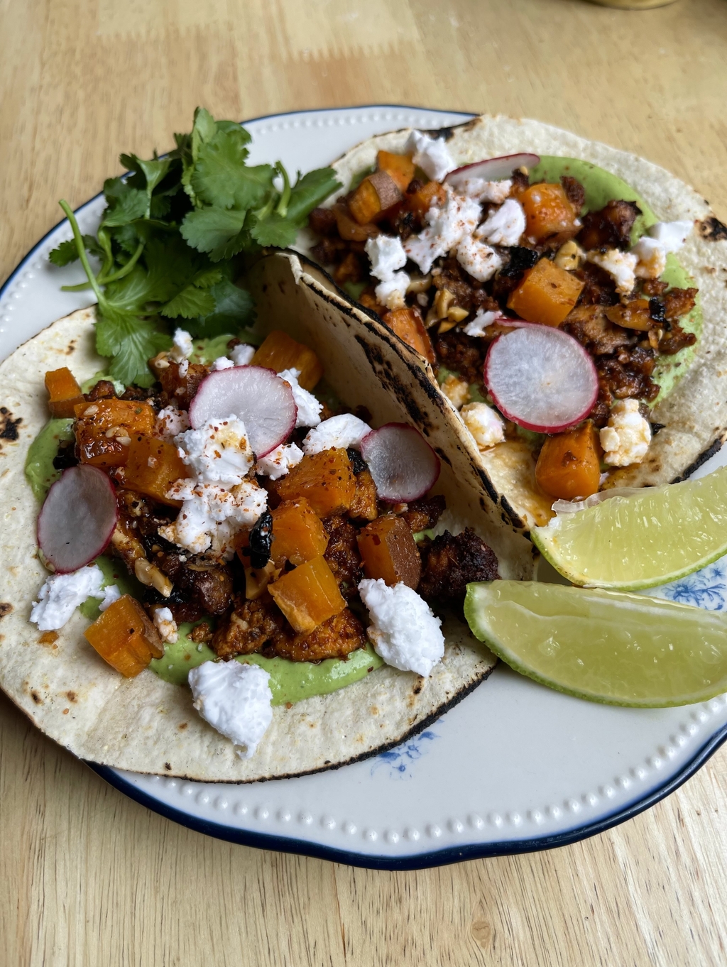Tofu Chorizo Tacos with Burnt Spring Onion Crema