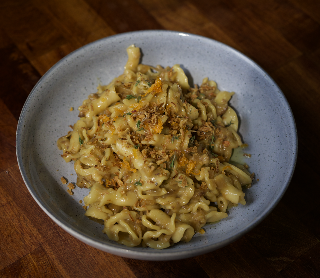 Caramelised Onion Pasta with Cured Egg Yolk