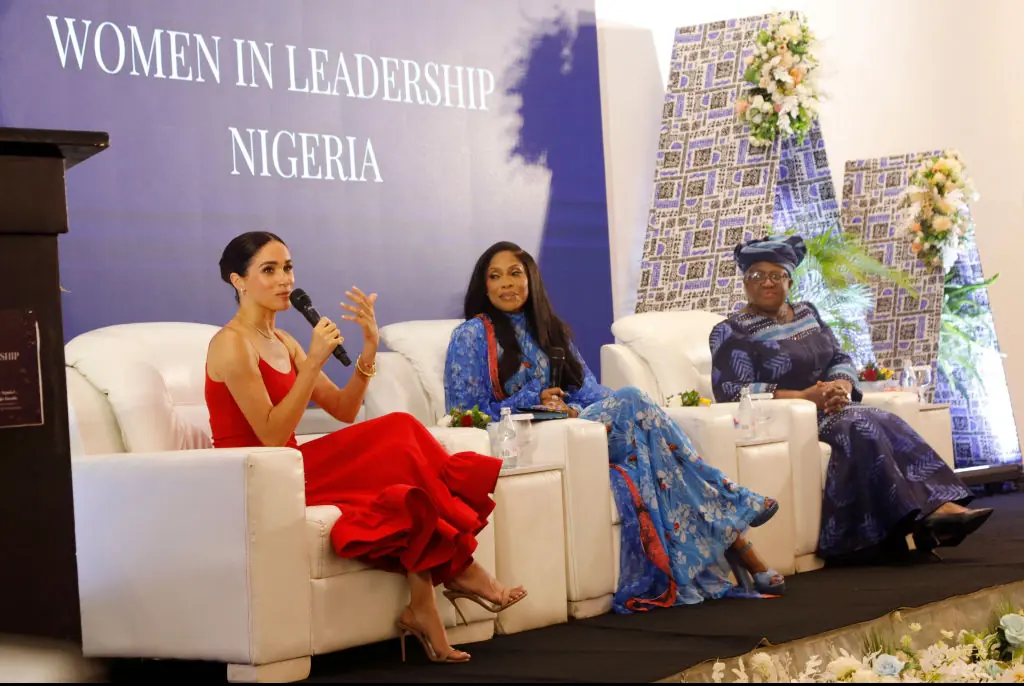 Meghan Markle speaking on a panel about women in leadership in Nigeria. Credit: Andrew Esiebo / Getty