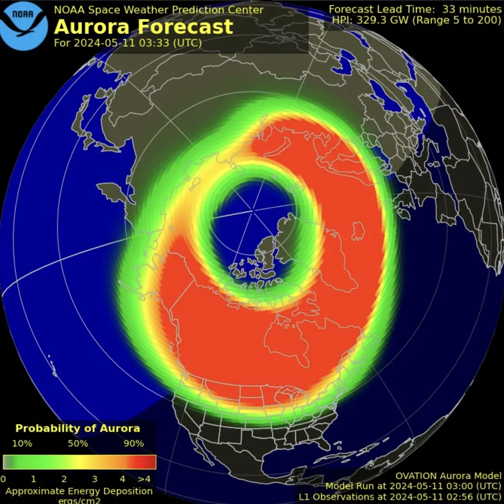 The Aurora Forecast from Saturday night's events. Credit: NOAA