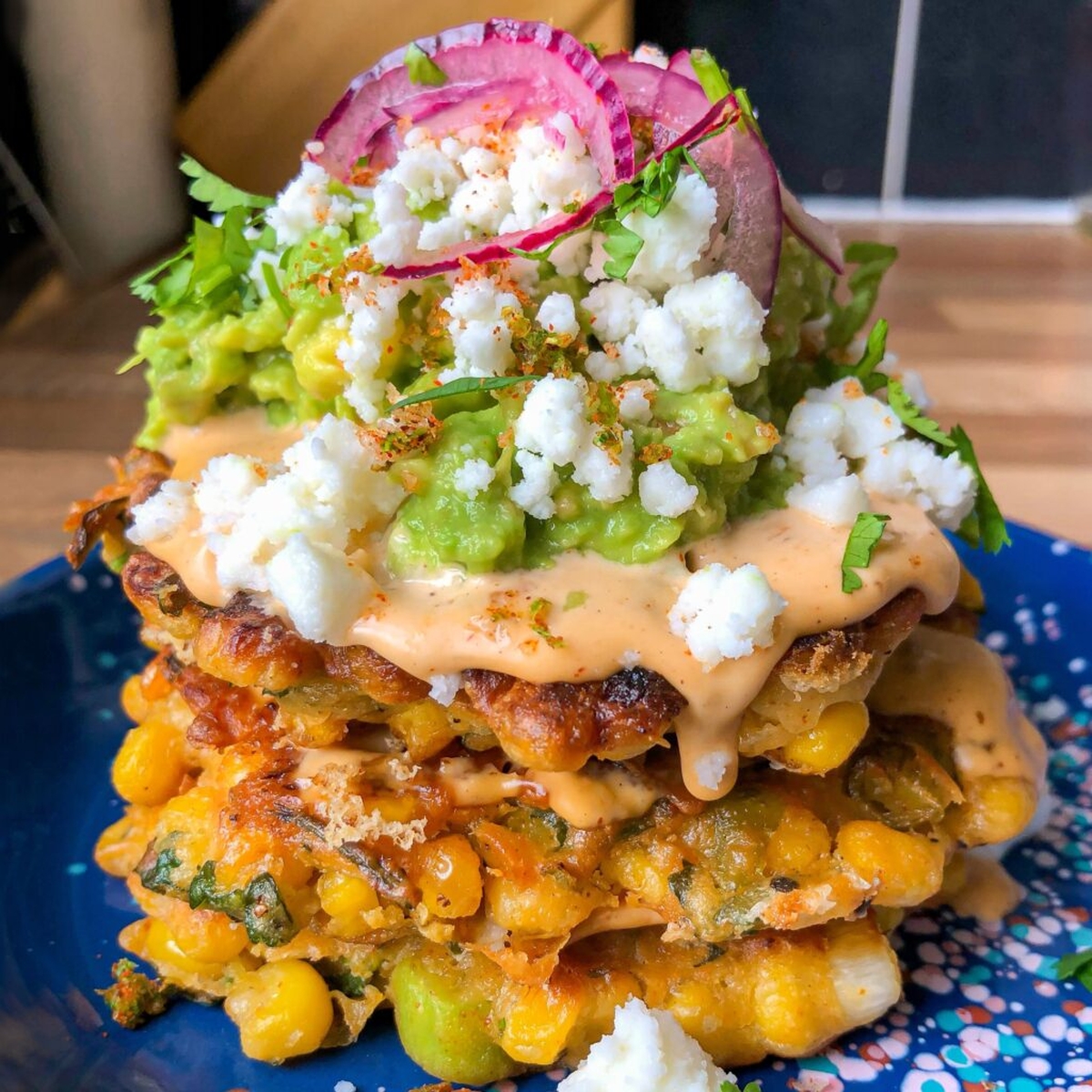 Elote Inspired Sweetcorn Fritter Stack