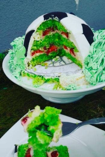 Green sponge football cake