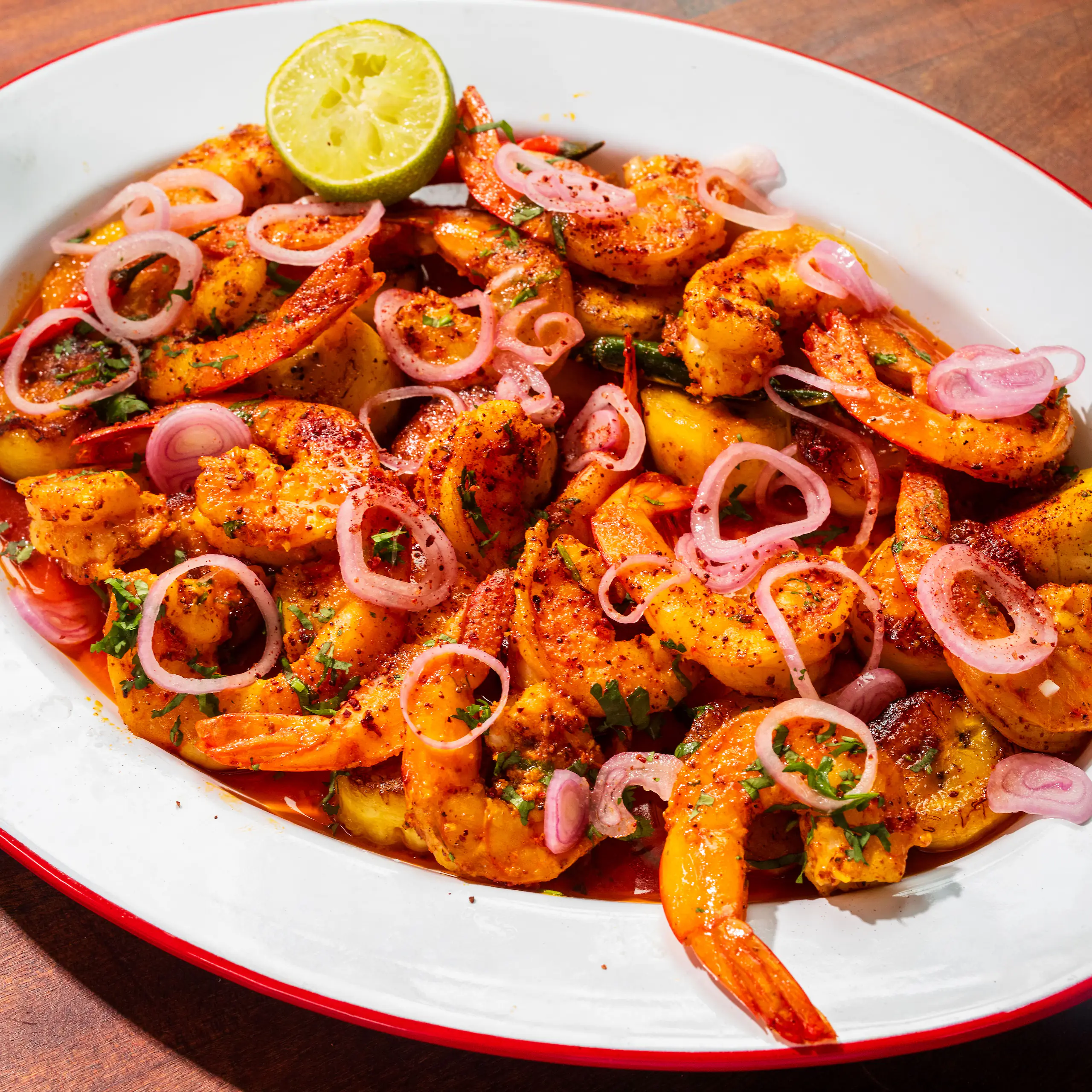 Ixta Belfrage's Tropical Prawns with Plantain & Pickled Shallots