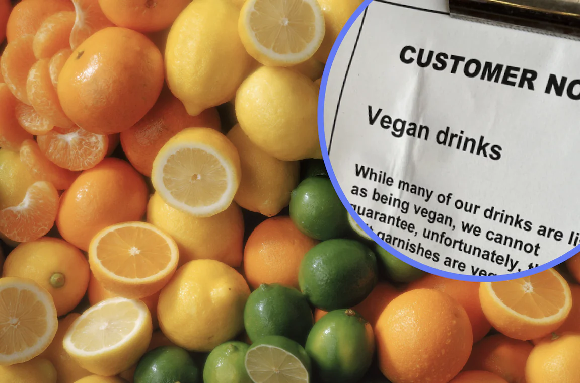 Whetherspoon confuses punters by warning lemons and limes 'may not be vegan'